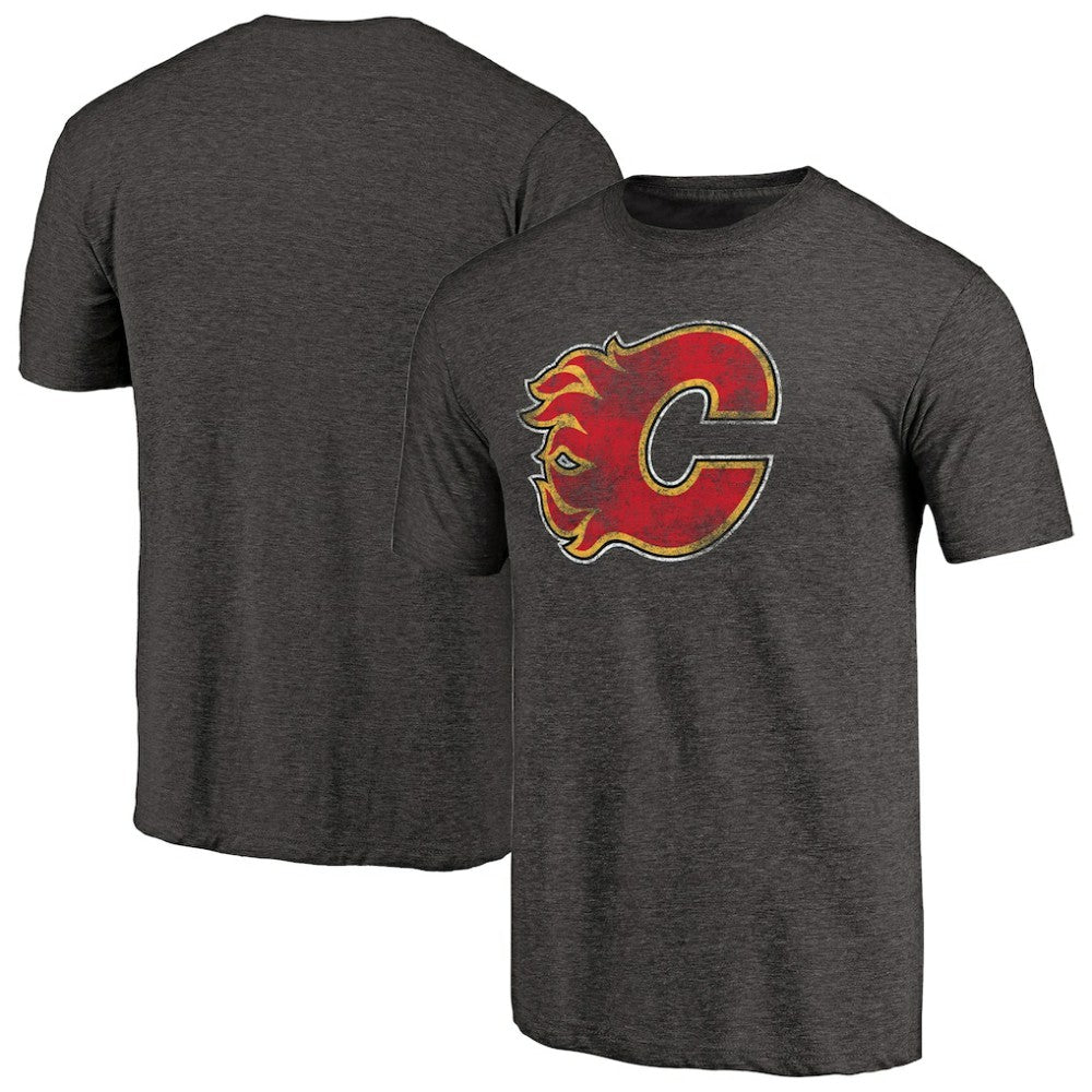 Calgary Flames Distressed Team Primary Logo Tri-Blend T-Shirt - Black | US 2582678