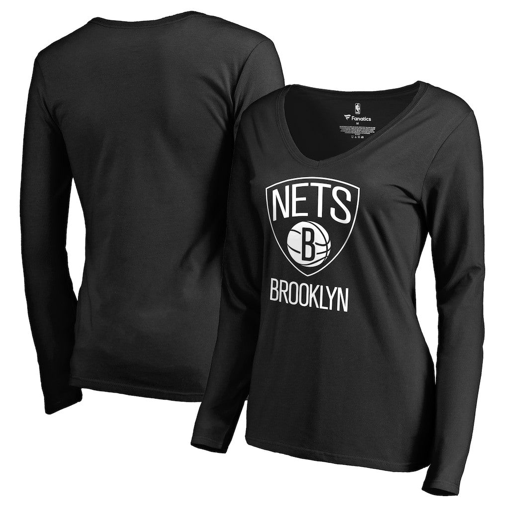 Brooklyn Nets Women's Primary Logo V-Neck Long Sleeve T-Shirt Black outlet