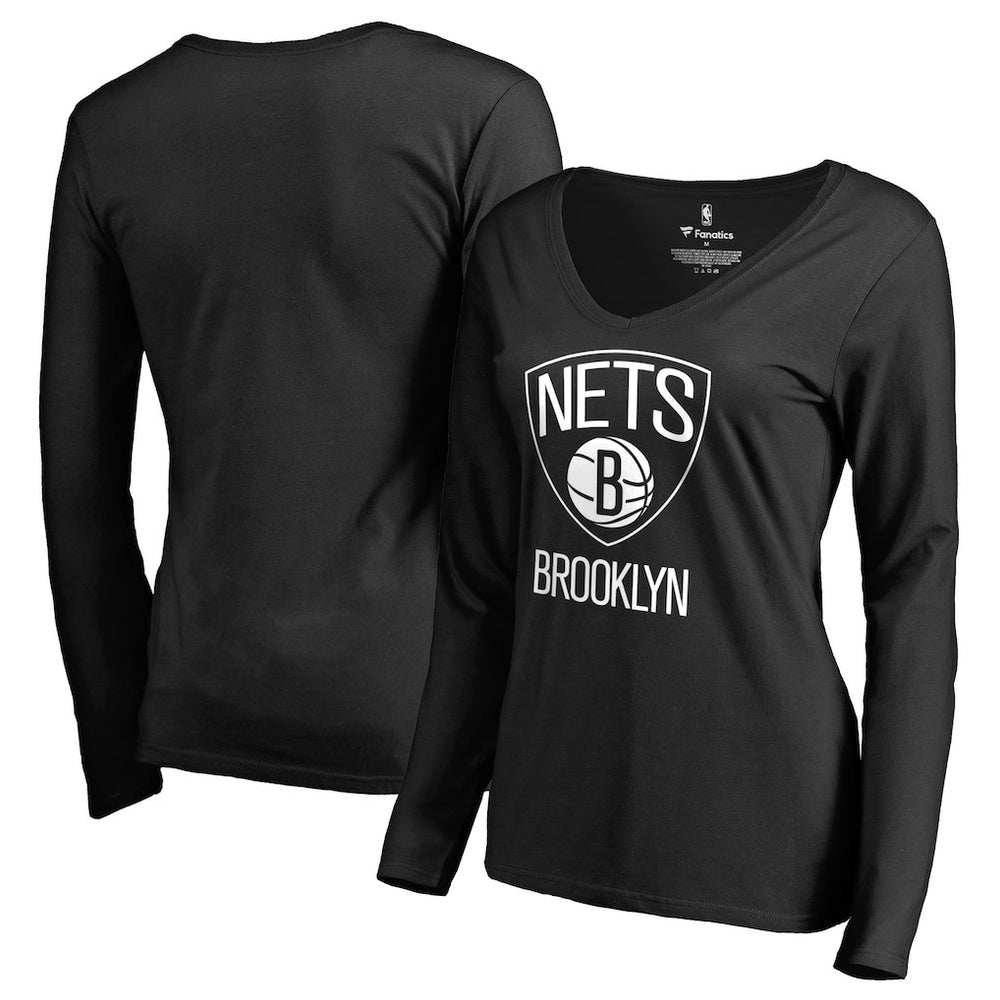 Brooklyn Nets Women's Primary Logo V-Neck Long Sleeve T-Shirt Black outlet
