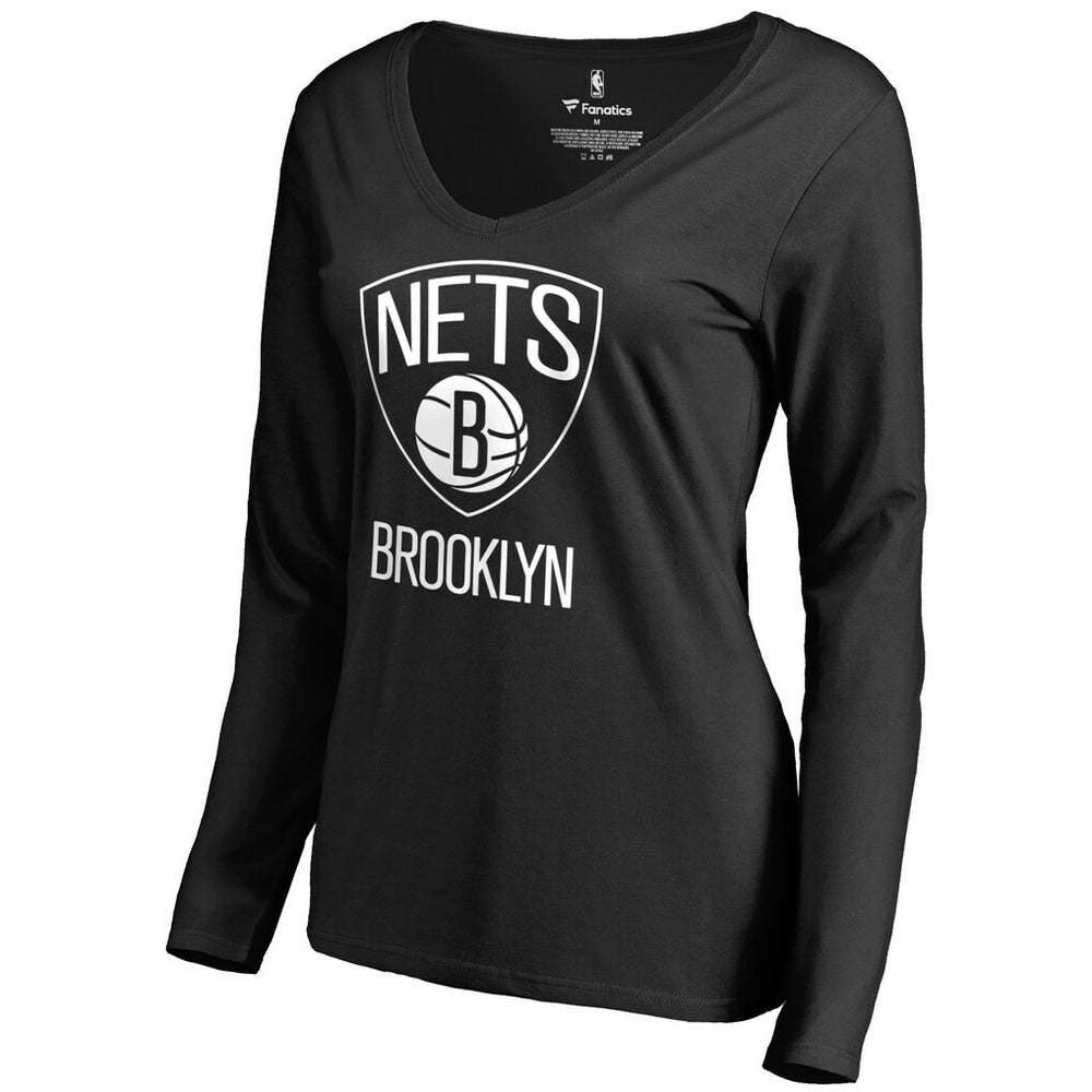 Brooklyn Nets Women's Primary Logo V-Neck Long Sleeve T-Shirt Black outlet