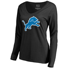 Detroit Lions Women's Primary Logo 2 V-Neck Long Sleeve T-Shirt - Black T-shirts