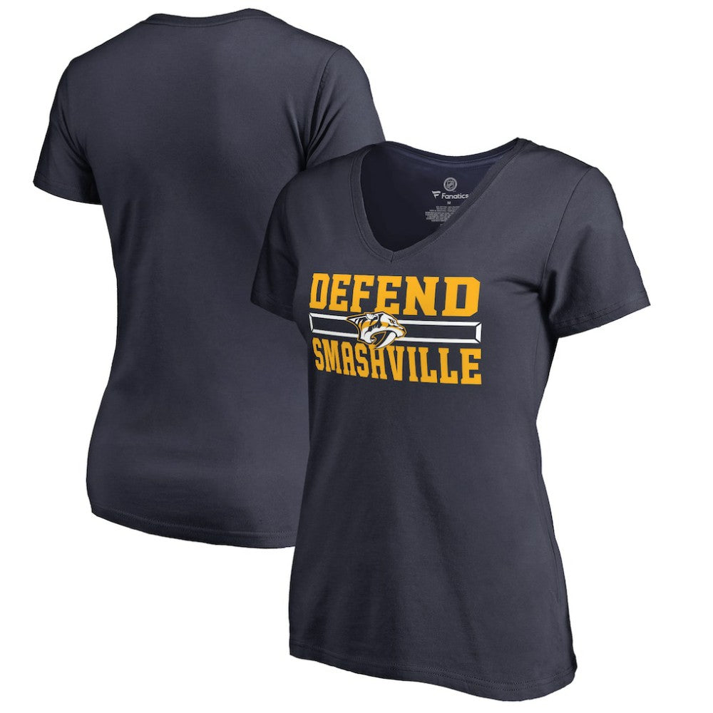 Nashville Predators Women's Hometown Collection Defend V-Neck T-Shirt - Navy | US 2716618