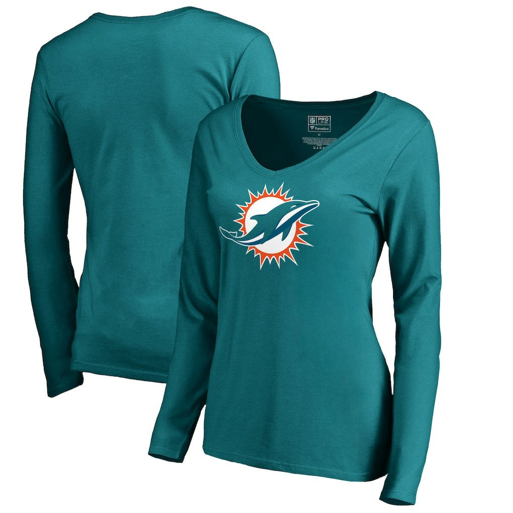 Miami Dolphins Women's Primary Logo V-Neck Long-Sleeve T-Shirt - Aqua T-shirts