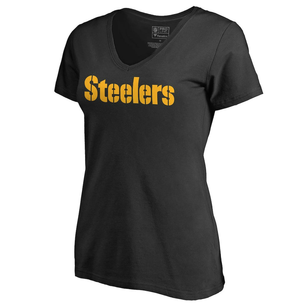 Pittsburgh Steelers Women's Wordmark V-Neck T-Shirt - Black T-shirts