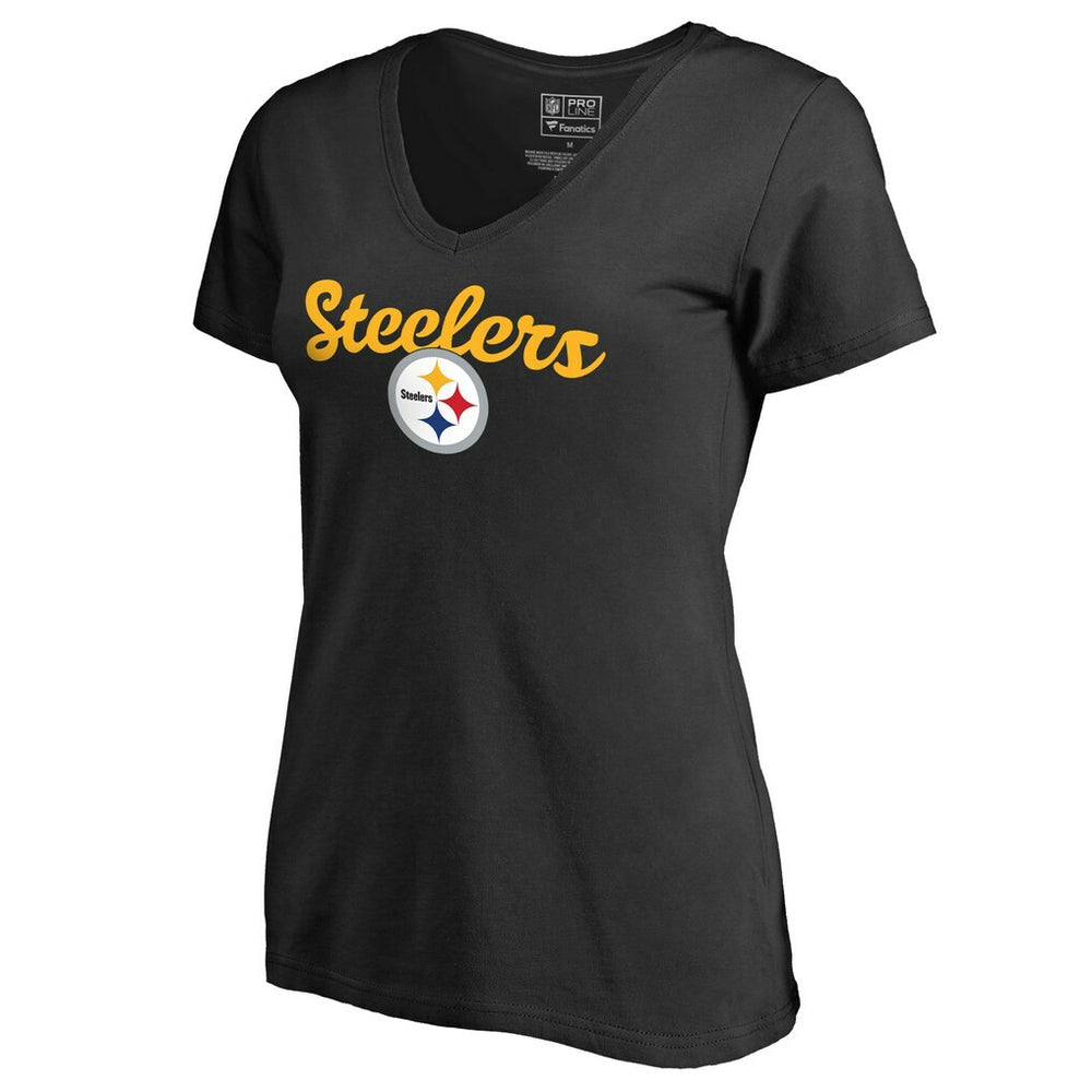 Pittsburgh Steelers Women's Freehand V-Neck T-Shirt - Black T-shirts