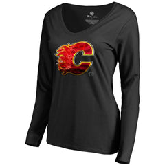 Calgary Flames Women's Midnight Mascot Long Sleeve V-Neck T-Shirt - Black | US 2874638