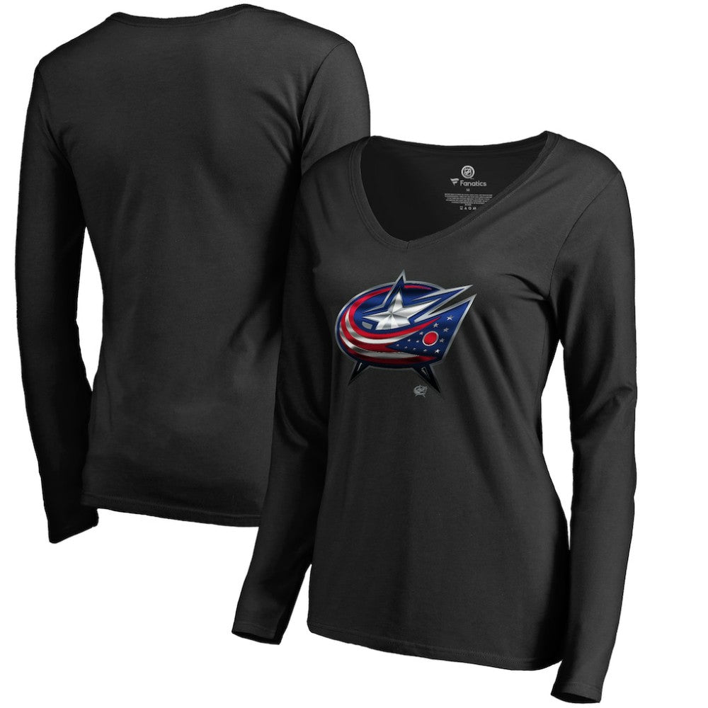 Columbus Blue Jackets Women's Midnight Mascot Long Sleeve V-Neck T-Shirt - Black | US 2874642