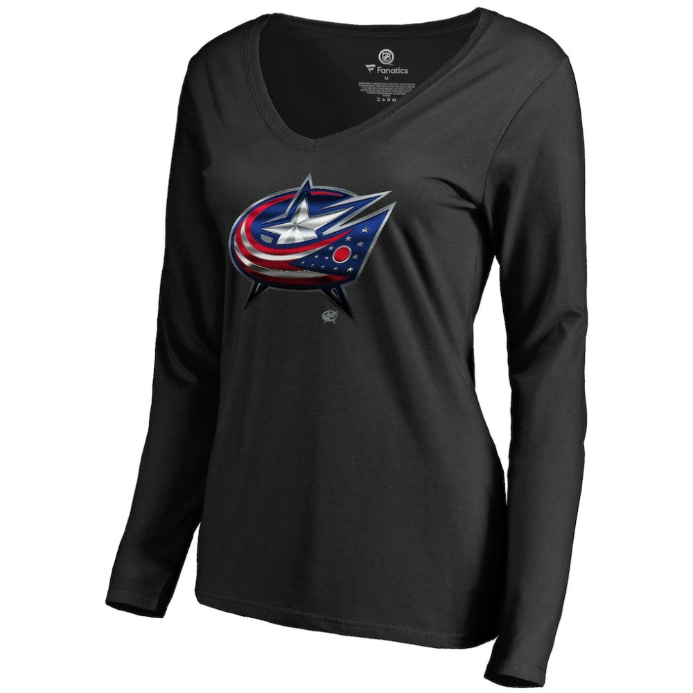 Columbus Blue Jackets Women's Midnight Mascot Long Sleeve V-Neck T-Shirt - Black | US 2874642