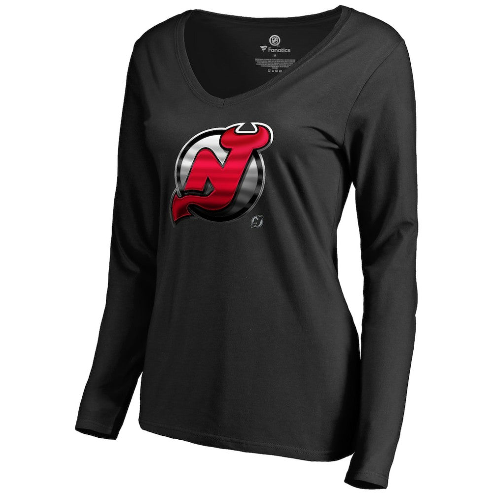 New Jersey Devils Women's Midnight Mascot Long Sleeve V-Neck T-Shirt - Black | US 2874651