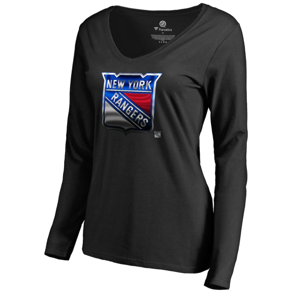 New York Rangers Women's Midnight Mascot Long Sleeve V-Neck T-Shirt - Black | US 2874653