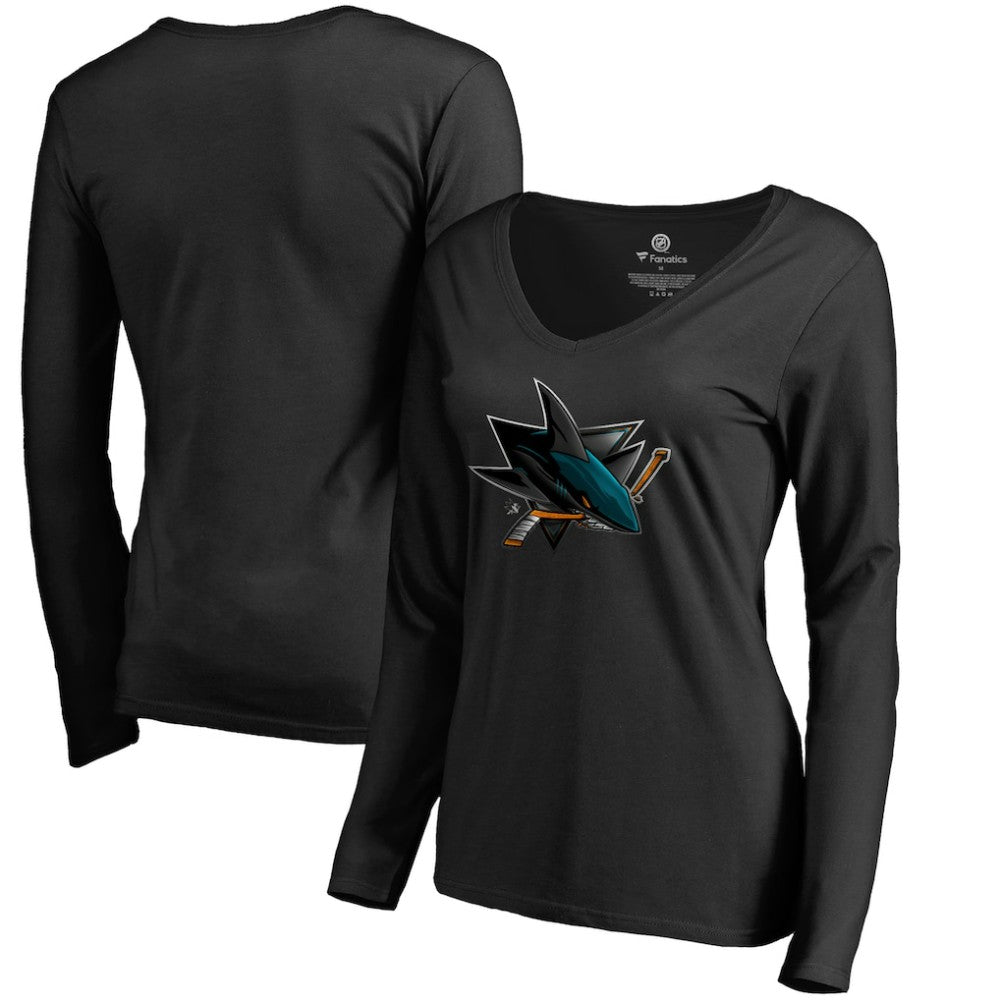 San Jose Sharks Women's Midnight Mascot Long Sleeve V-Neck T-Shirt - Black | US 2874657