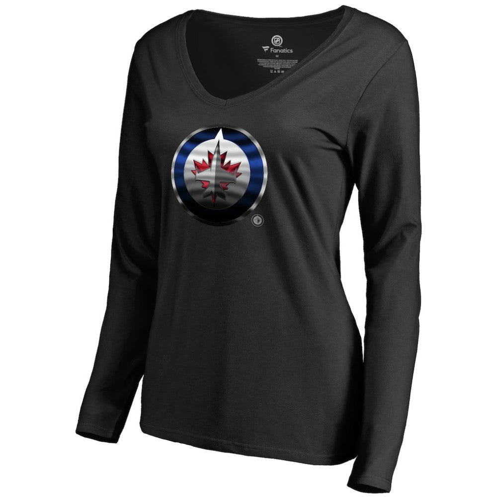 Winnipeg Jets Women's Midnight Mascot Long Sleeve V-Neck T-Shirt - Black | US 2874664