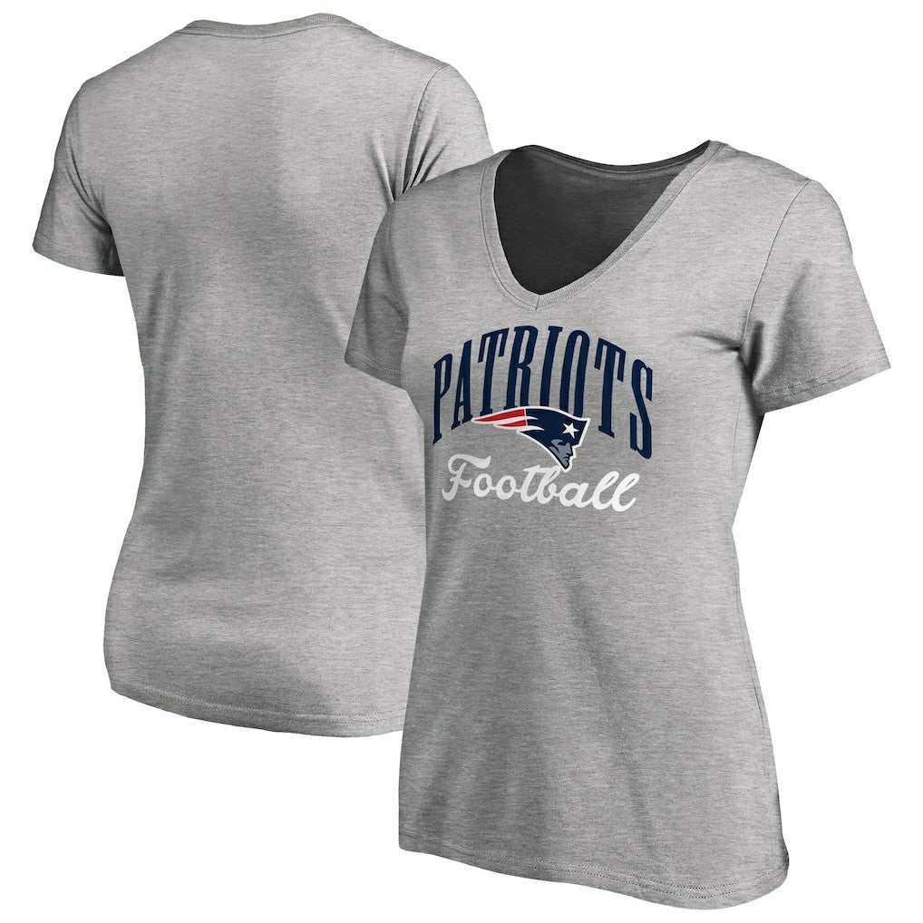 New England Patriots Women's Victory Script V-Neck T-Shirt - Heather Gray T-shirts