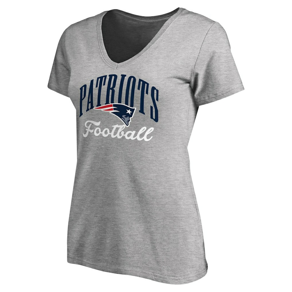 New England Patriots Women's Victory Script V-Neck T-Shirt - Heather Gray T-shirts