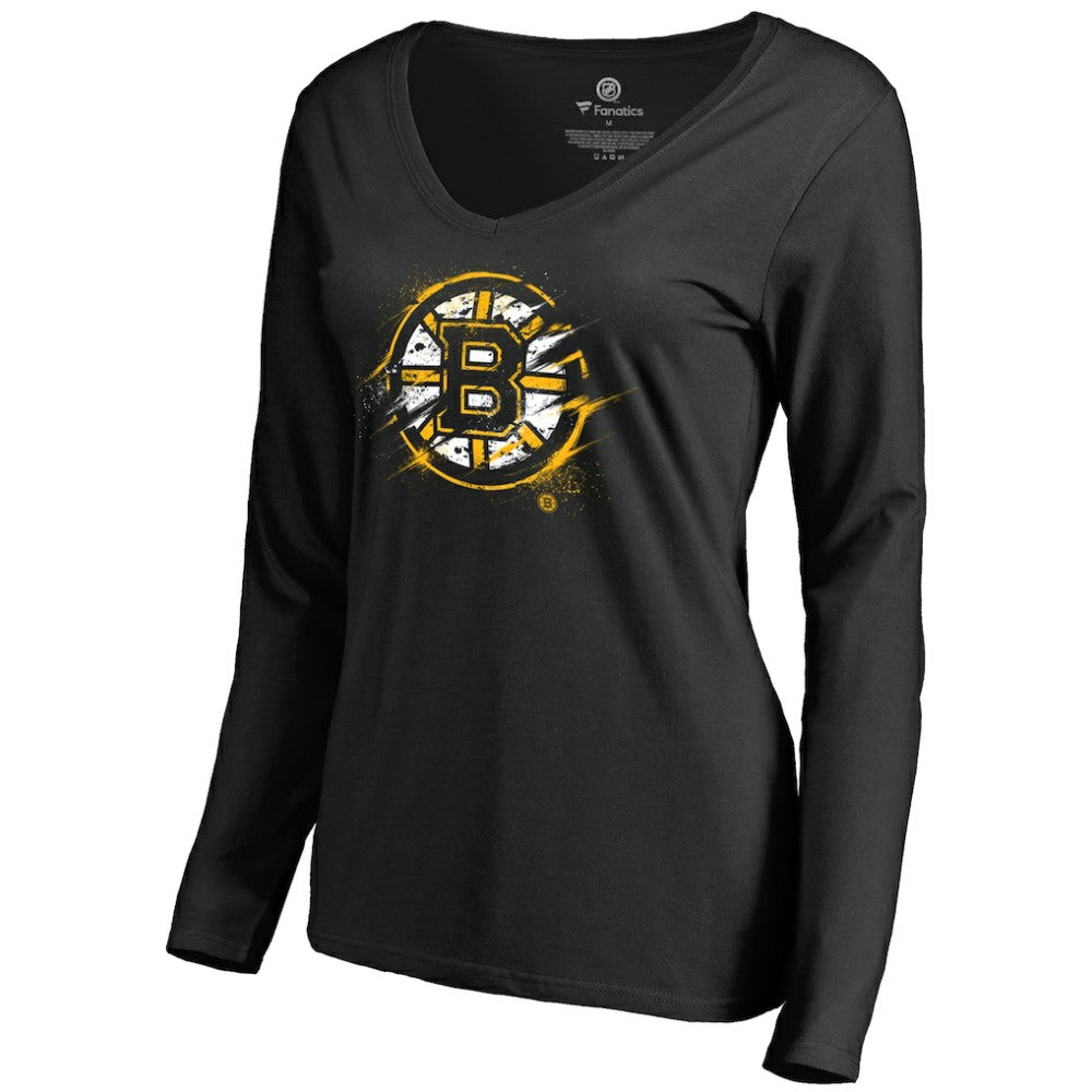 Boston Bruins Women's Splatter Logo V-Neck Long Sleeve T-Shirt - Black | US 2902331