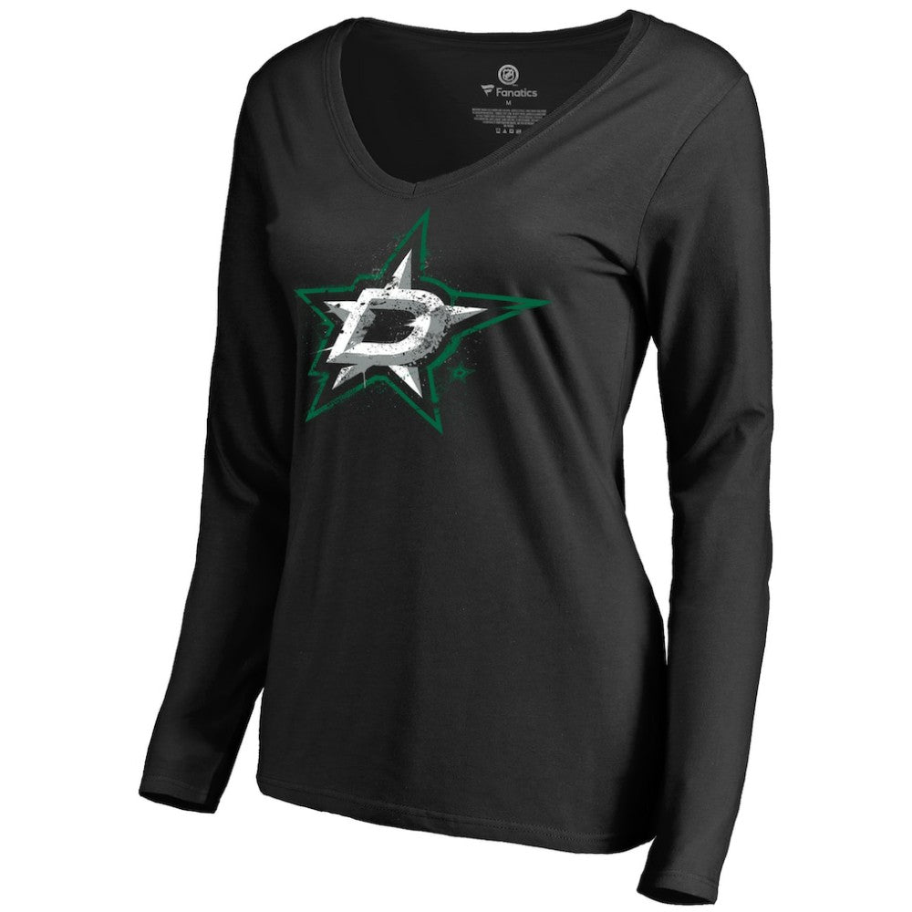 Dallas Stars Women's Splatter Logo V-Neck Long Sleeve T-Shirt - Black | US 2902338