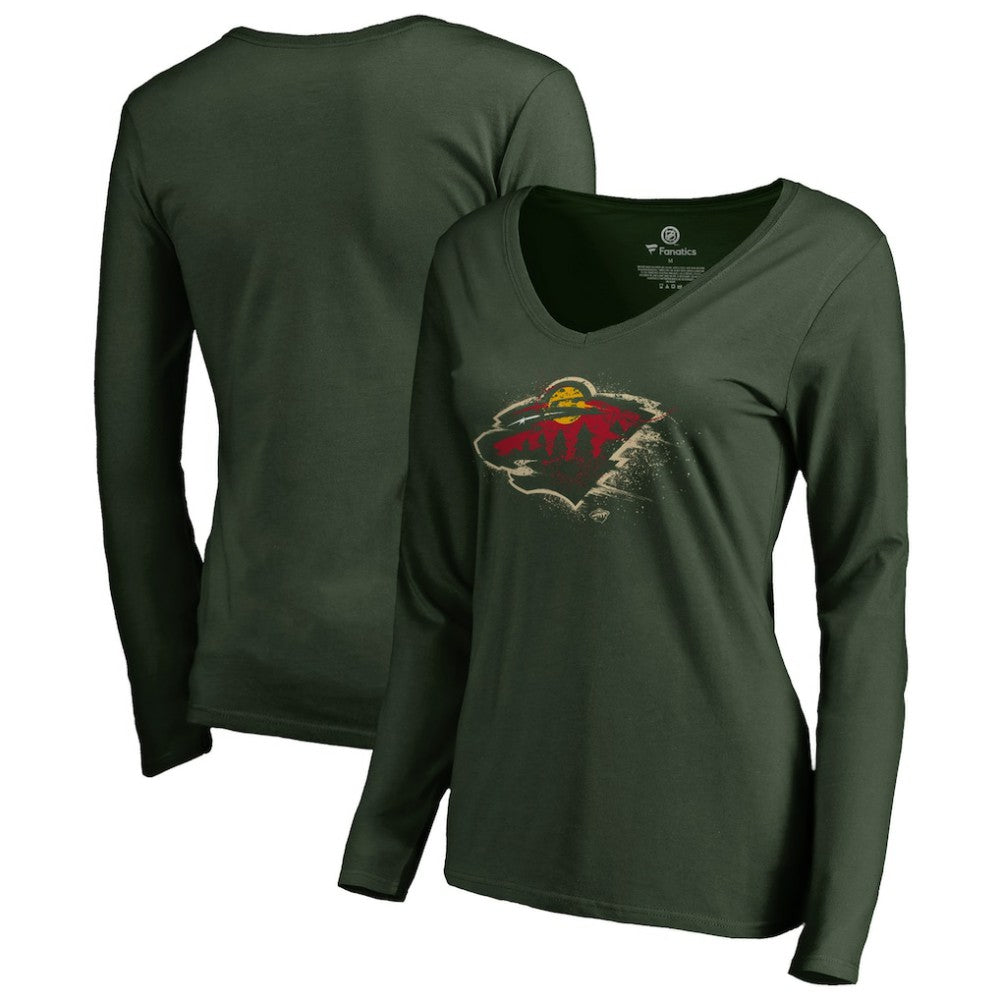Minnesota Wild Women's Splatter Logo V-Neck Long Sleeve T-Shirt - Green | US 2902343