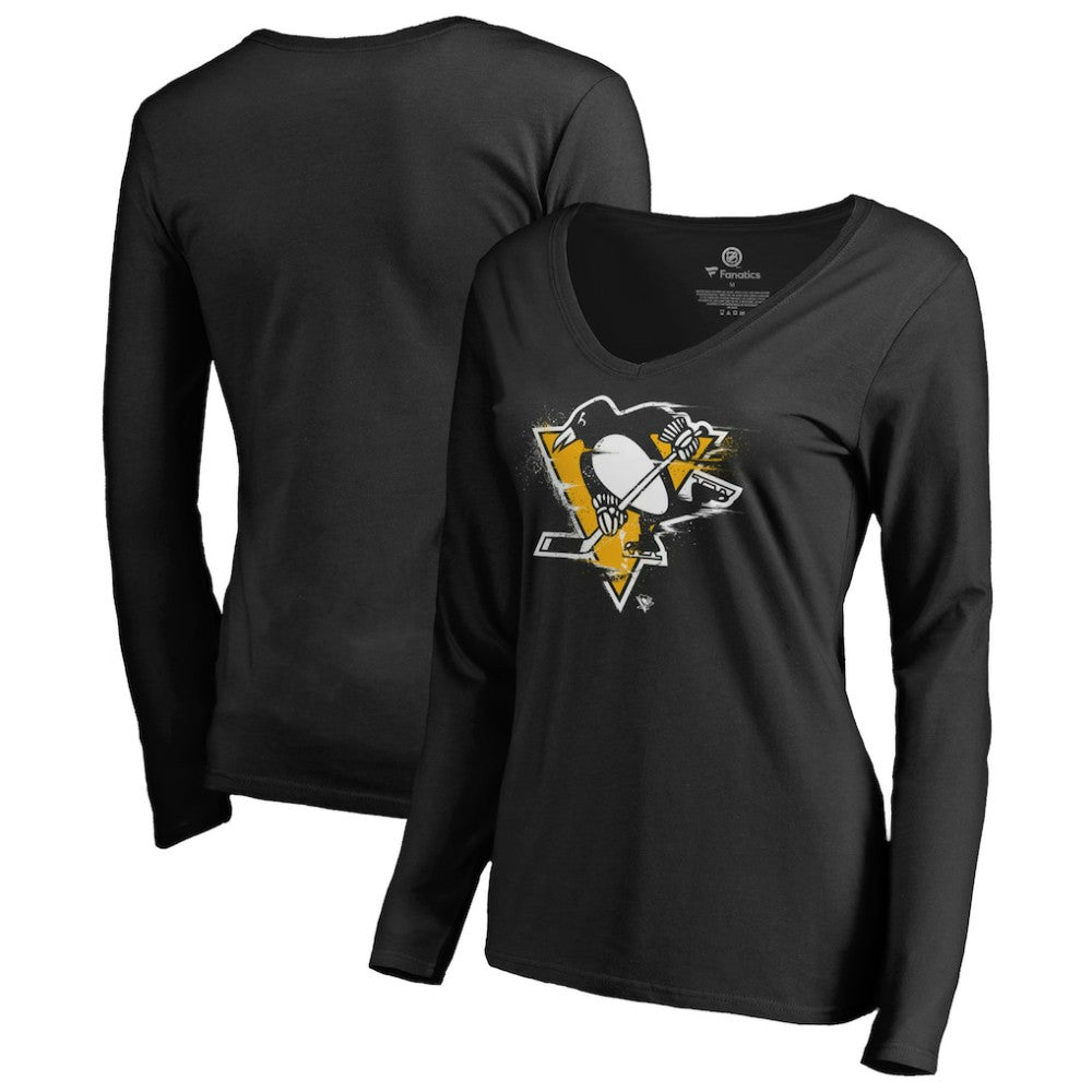 Pittsburgh Penguins Women's Splatter Logo V-Neck Long Sleeve T-Shirt - Black | US 2902351