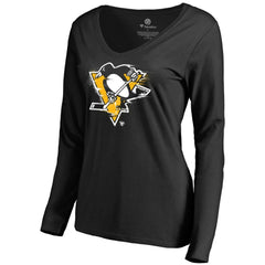 Pittsburgh Penguins Women's Splatter Logo V-Neck Long Sleeve T-Shirt - Black | US 2902351
