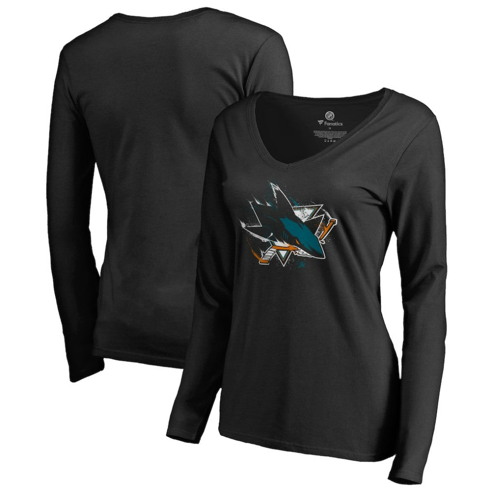 San Jose Sharks Women's Splatter Logo V-Neck Long Sleeve T-Shirt - Black | US 2902352