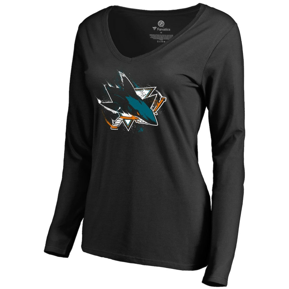 San Jose Sharks Women's Splatter Logo V-Neck Long Sleeve T-Shirt - Black | US 2902352