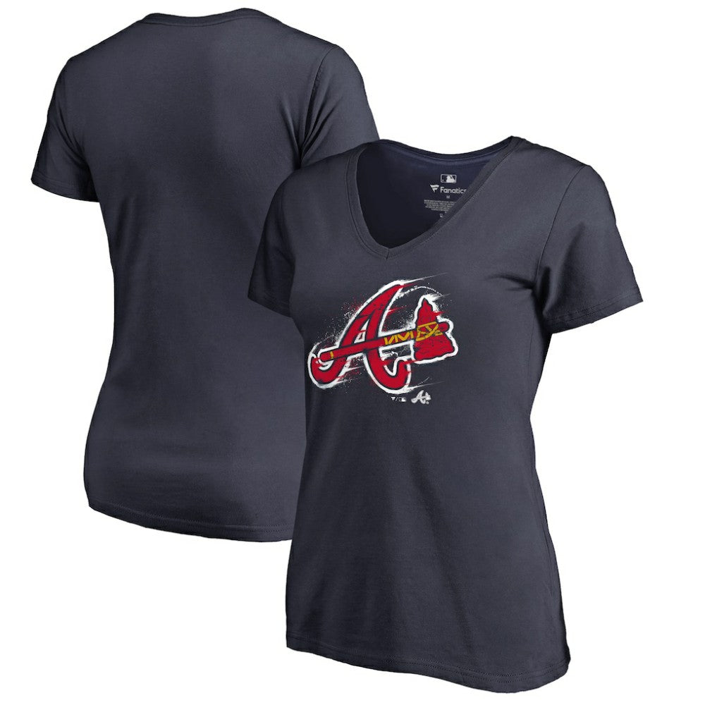 Atlanta Braves Women's Splatter Logo V-Neck T-Shirt - Navy T-shirts