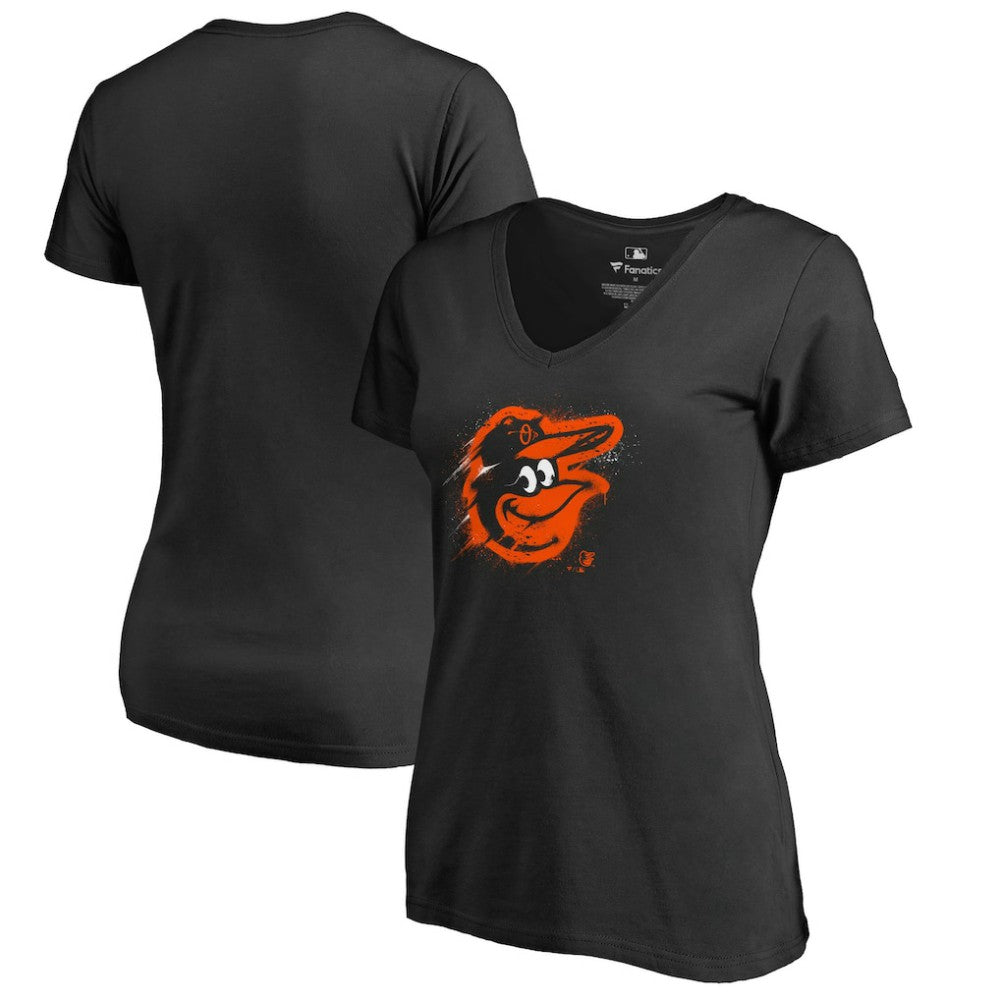 Baltimore Orioles Women's Splatter Logo V-Neck T-Shirt - Black T-shirts