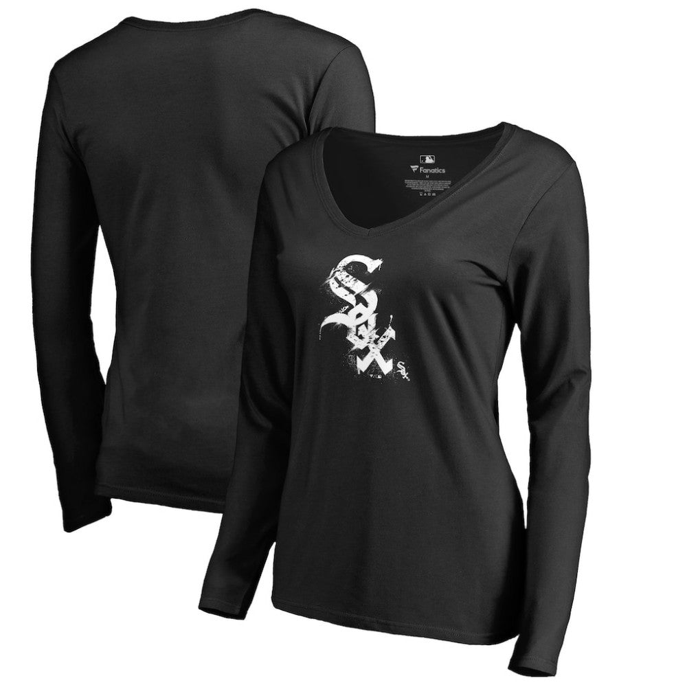 Chicago White Sox Women's Splatter Logo Long Sleeve V-Neck T-Shirt - Black T-shirts