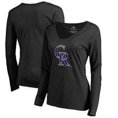 Colorado Rockies Women's Splatter Logo Long Sleeve V-Neck T-Shirt - Black T-shirts