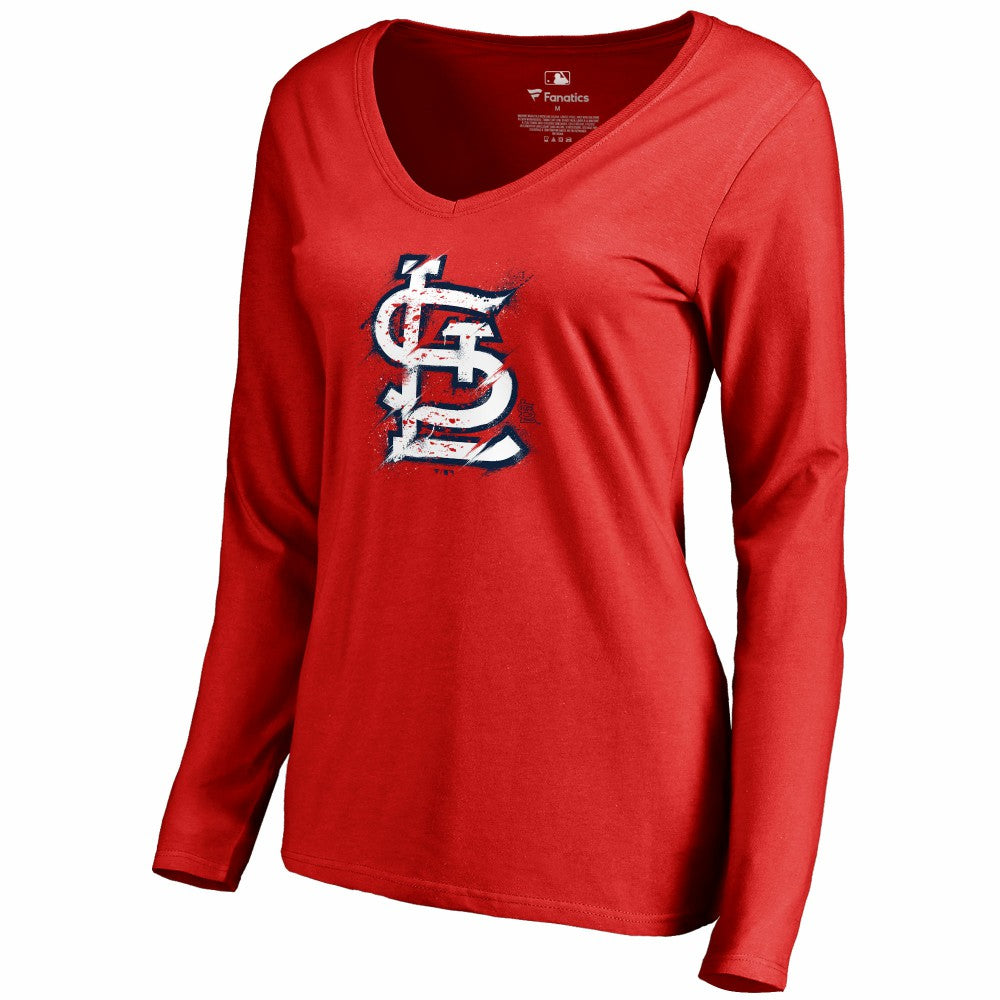 St. Louis Cardinals Women's Splatter Logo Long Sleeve V-Neck T-Shirt - Red T-shirts