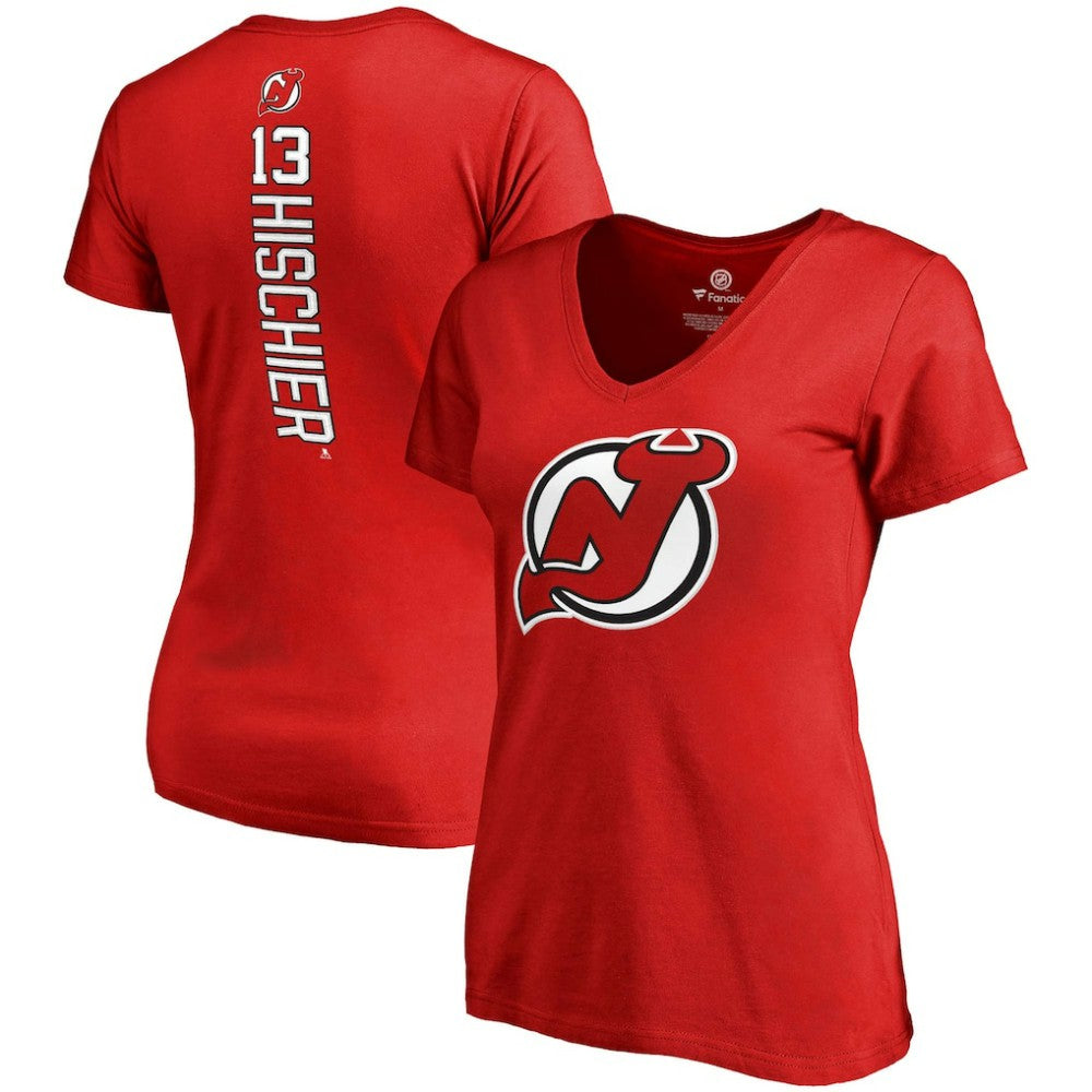 Nico Hischier New Jersey Devils Fanatics Women's Plus Size Backer Name & Number V-Neck T-Shirt - Red | US 2944676
