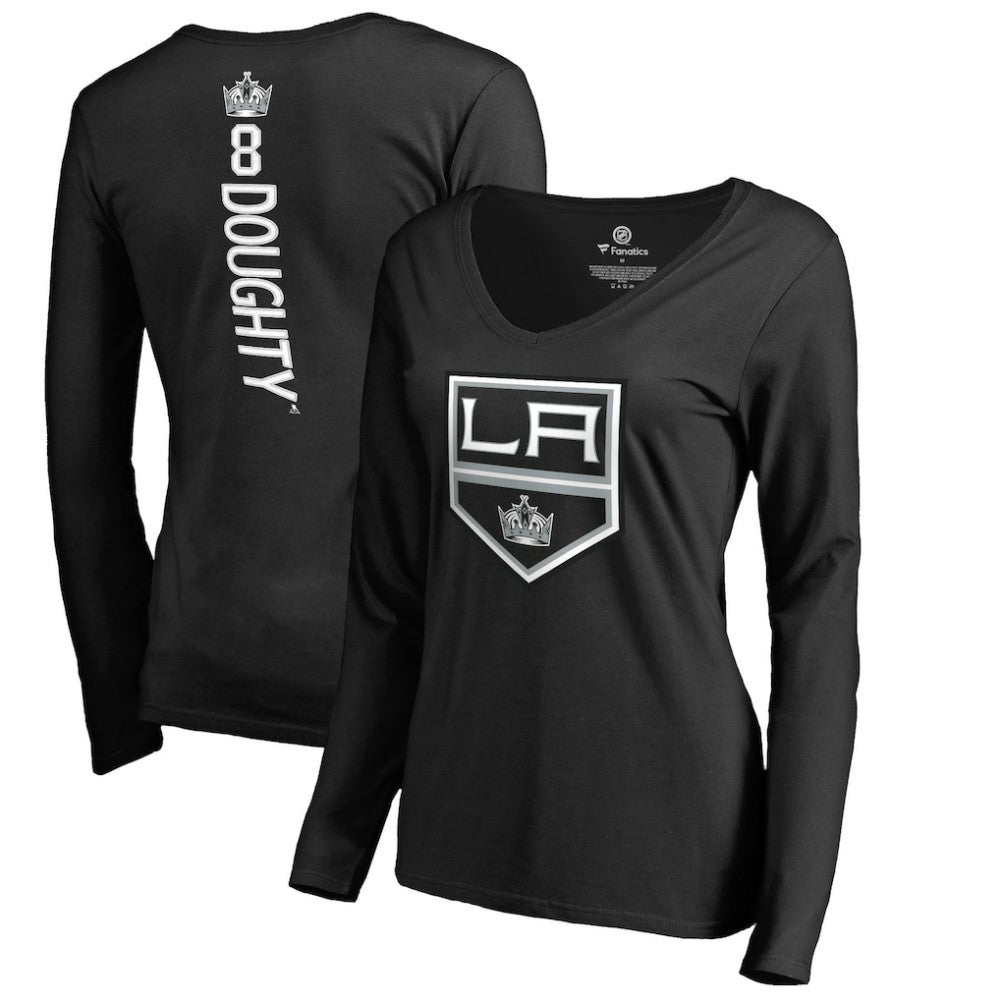 Drew Doughty Los Angeles Kings Women's Backer Name & Number Slim Fit Long Sleeve V-Neck T-Shirt - Black | US 2975483