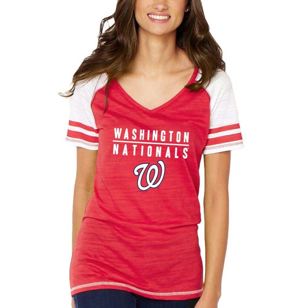 Washington Nationals Soft as a Grape Women's Color Block V-Neck T-Shirt - Red T-shirts