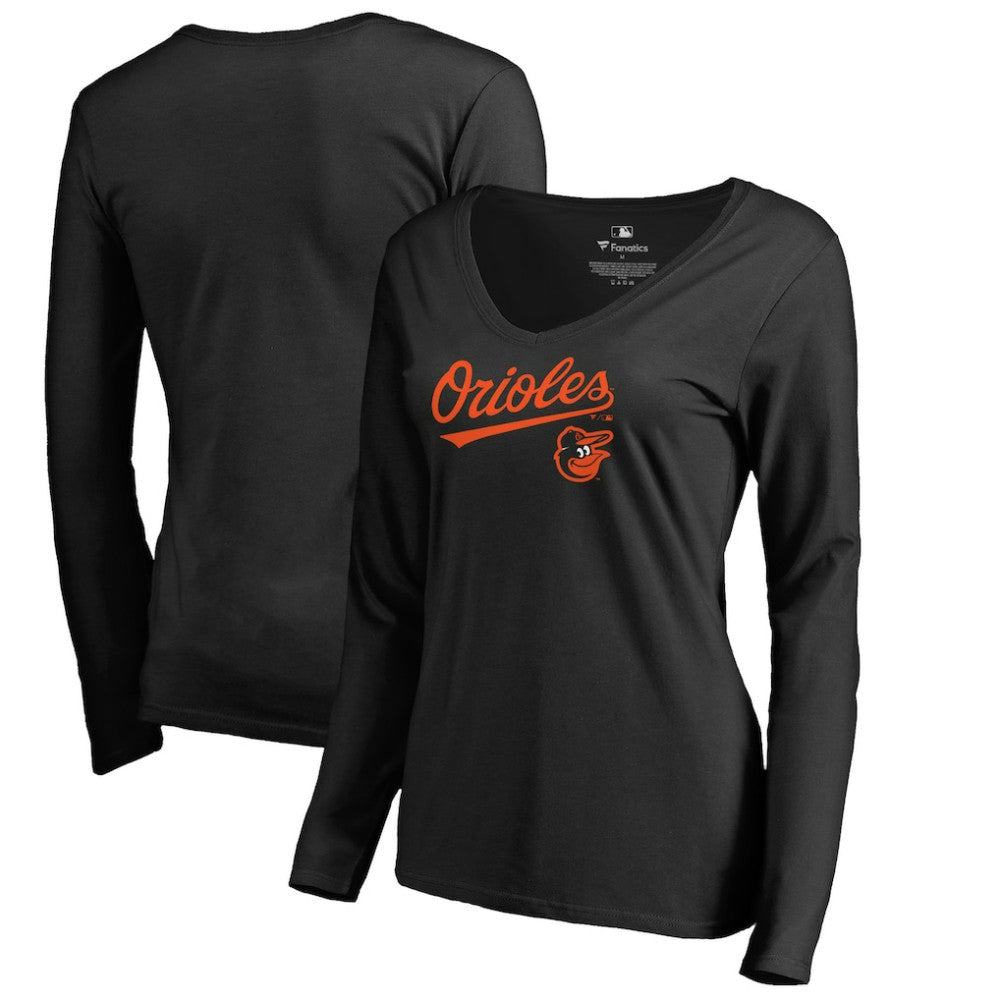 Baltimore Orioles Women's Team Lockup Slim Fit Long Sleeve V-Neck T-Shirt - Black T-shirts