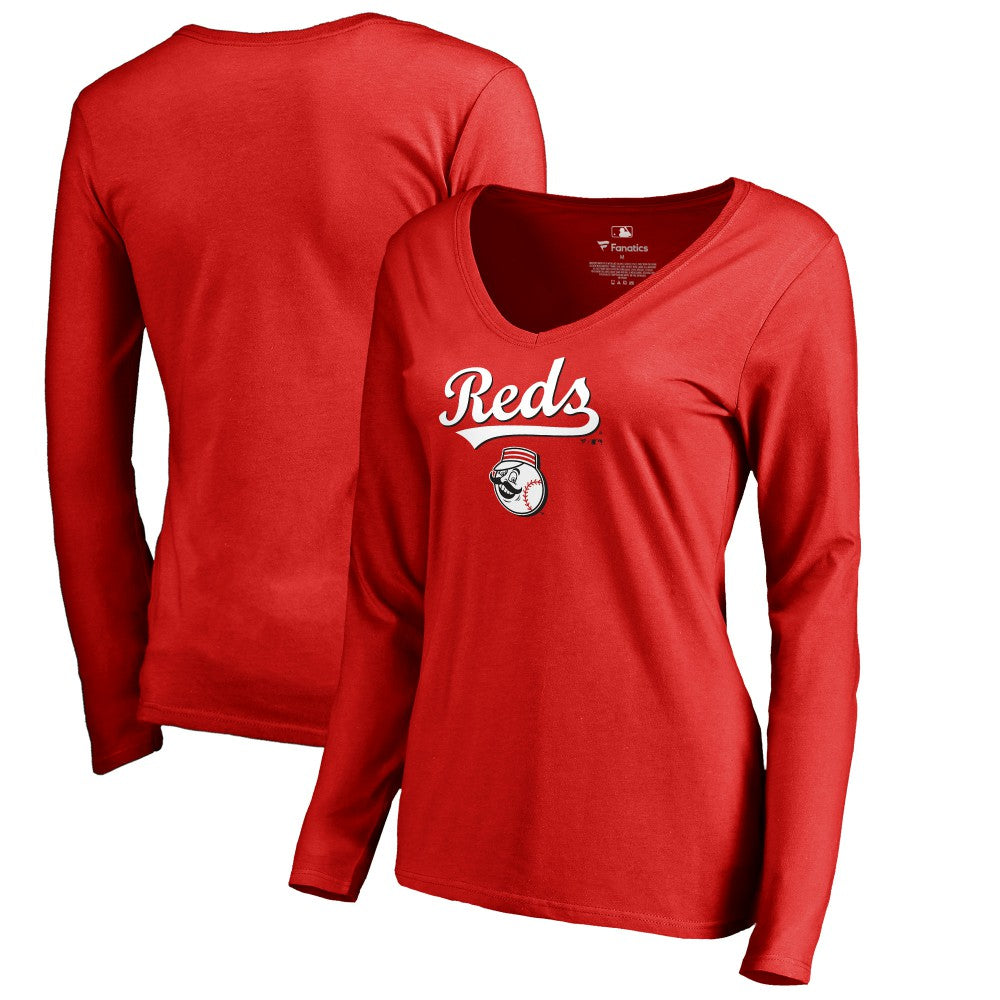 Cincinnati Reds Women's Team Lockup Slim Fit Long Sleeve V-Neck T-Shirt - Red T-shirts