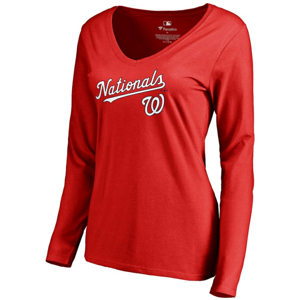 Washington Nationals Women's Team Lockup Slim Fit Long Sleeve V-Neck T-Shirt - Red T-shirts