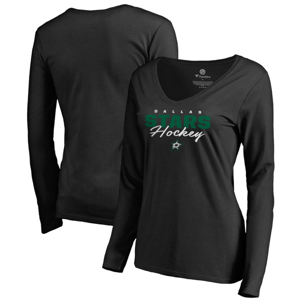Dallas Stars Women's Iconic Collection Script Assist Long Sleeve V-Neck T-Shirt - Black | US 3008704