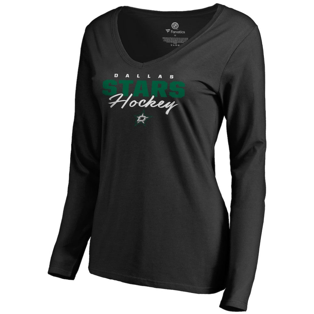 Dallas Stars Women's Iconic Collection Script Assist Long Sleeve V-Neck T-Shirt - Black | US 3008704