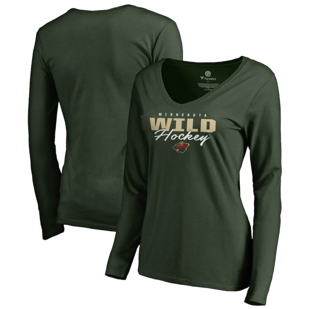 Minnesota Wild Women's Iconic Collection Script Assist Long Sleeve V-Neck T-Shirt - Green | US 3008709
