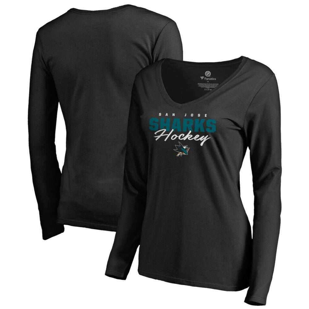 San Jose Sharks Women's Iconic Collection Script Assist Long Sleeve V-Neck T-Shirt - Black | US 3008718