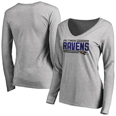 Baltimore Ravens Women's Iconic Collection On Side Stripe Long Sleeve V-Neck T-Shirt - Ash T-shirts