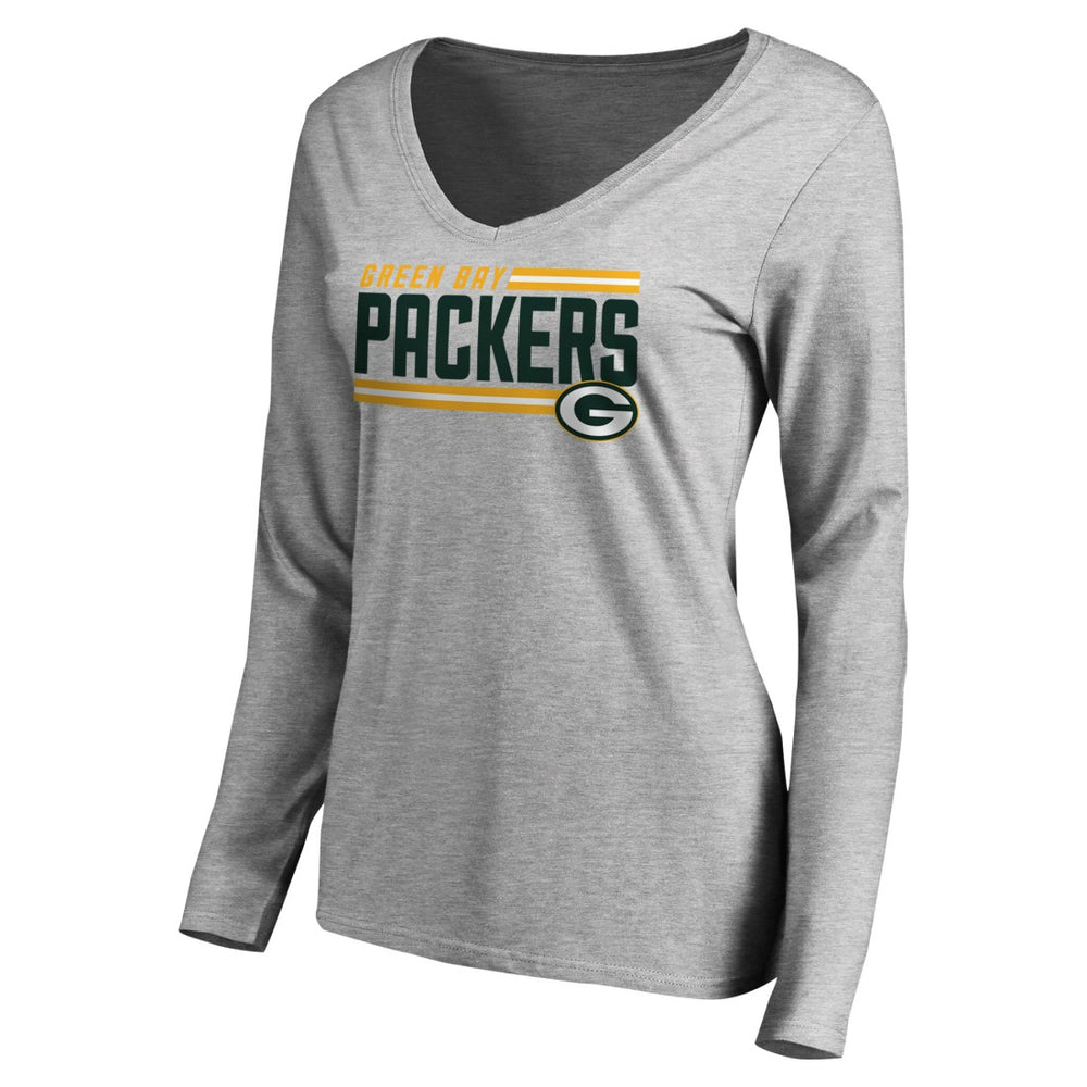 Green Bay Packers Women's Iconic Collection On Side Stripe Long Sleeve V-Neck T-Shirt - Ash T-shirts