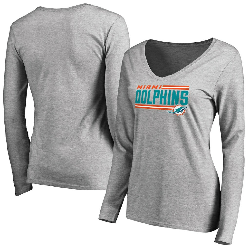 Miami Dolphins Women's Iconic Collection On Side Stripe Long Sleeve V-Neck T-Shirt - Ash T-shirts