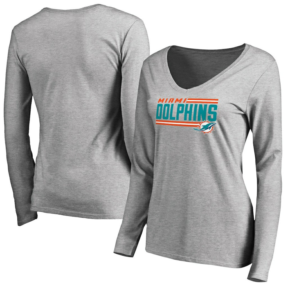 Miami Dolphins Women's Iconic Collection On Side Stripe Long Sleeve V-Neck T-Shirt - Ash T-shirts