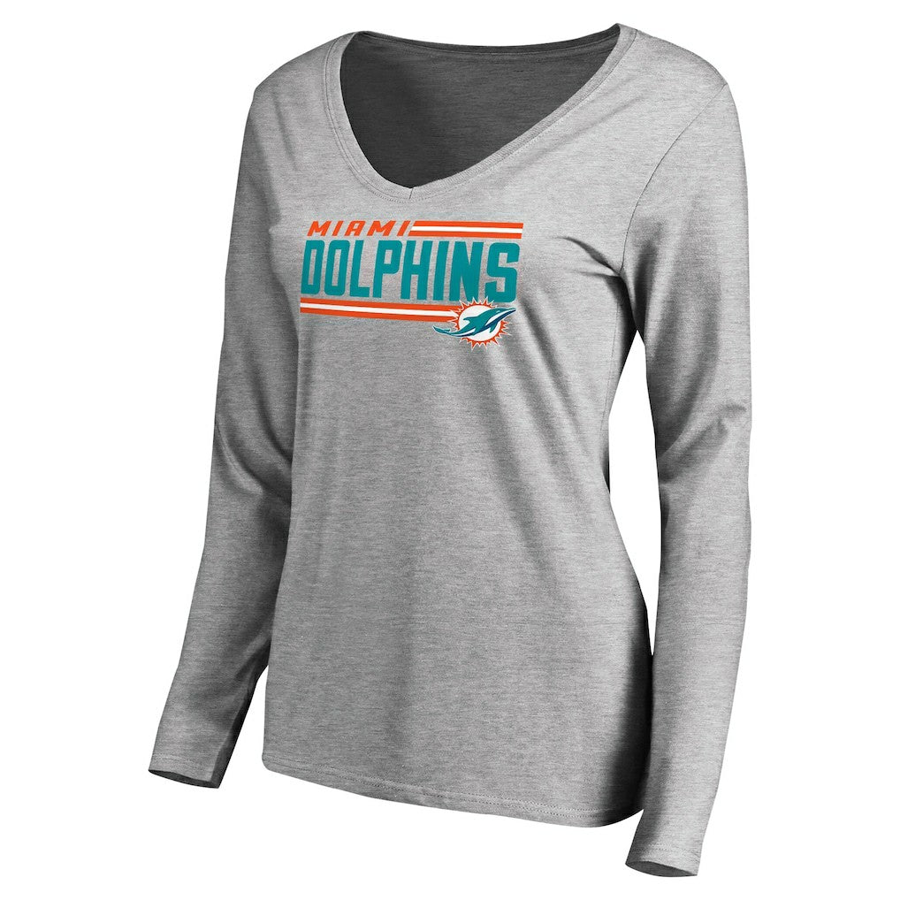Miami Dolphins Women's Iconic Collection On Side Stripe Long Sleeve V-Neck T-Shirt - Ash T-shirts