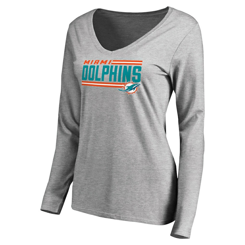 Miami Dolphins Women's Iconic Collection On Side Stripe Long Sleeve V-Neck T-Shirt - Ash T-shirts
