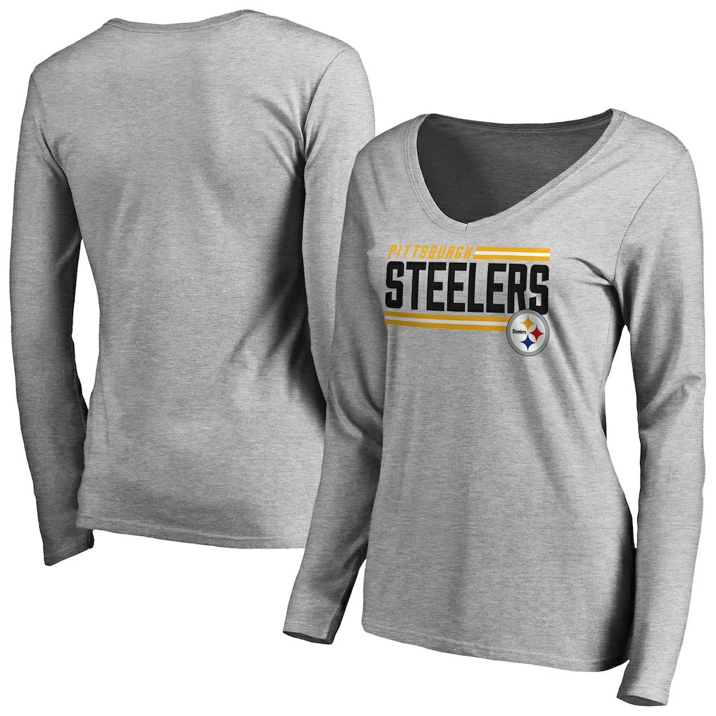 Pittsburgh Steelers Women's Iconic Collection On Side Stripe Long Sleeve V-Neck T-Shirt - Ash T-shirts