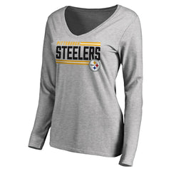 Pittsburgh Steelers Women's Iconic Collection On Side Stripe Long Sleeve V-Neck T-Shirt - Ash T-shirts