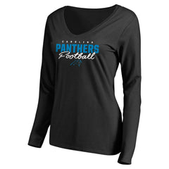 Carolina Panthers Women's Iconic Collection Script Assist Long Sleeve V-Neck T-Shirt - Black T-shirts