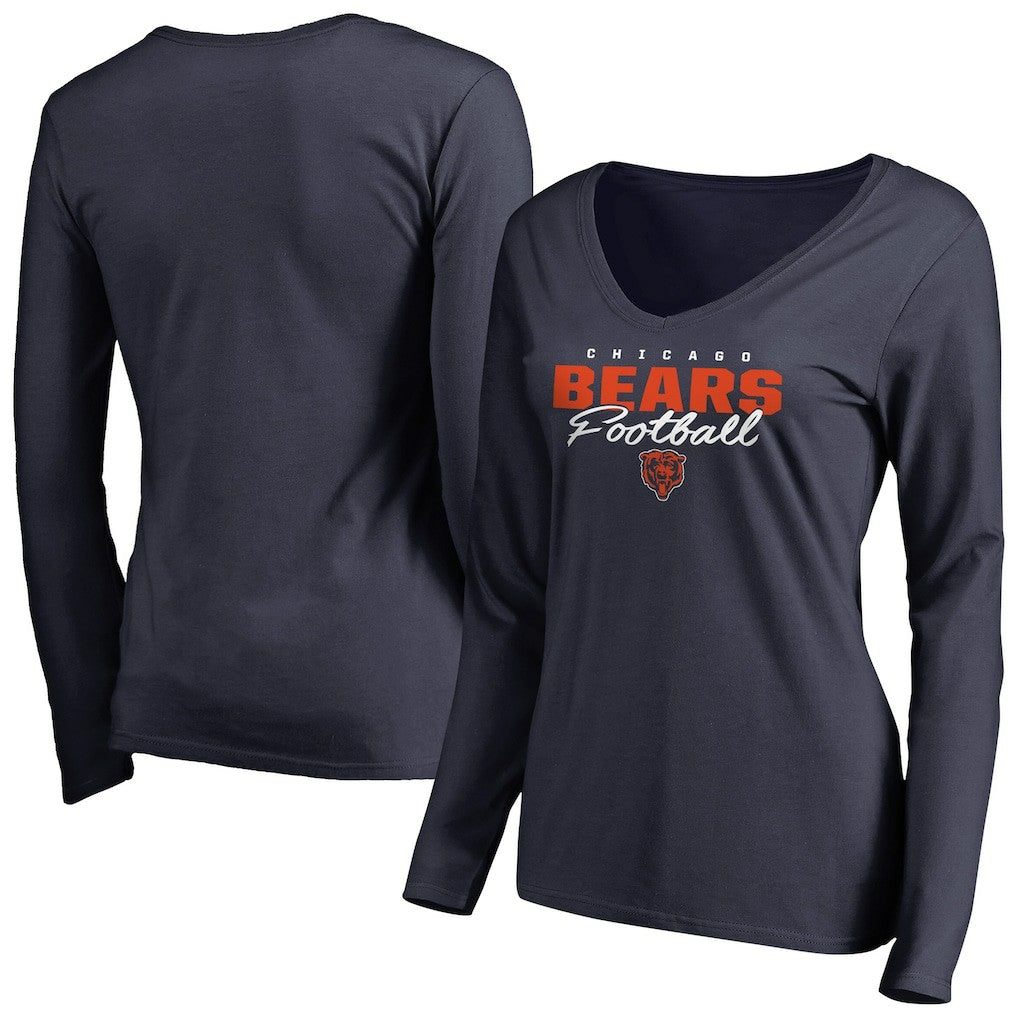 Chicago Bears Women's Iconic Collection Script Assist Long Sleeve V-Neck T-Shirt - Navy T-shirts